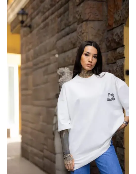 Omarı Bisiklet Desenli Oversize T-Shirt - Beyaz