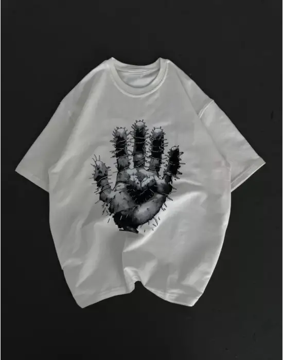 Omarı Stil Sahibi Bisiklet Yaka Baskılı Oversize T-Shirt - Beyaz