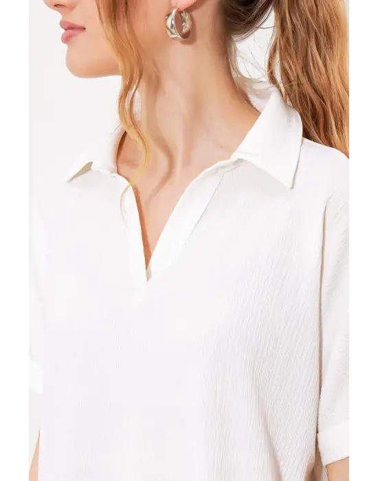 Beyaz Oversize Polo Yaka Örme Bluz 0486