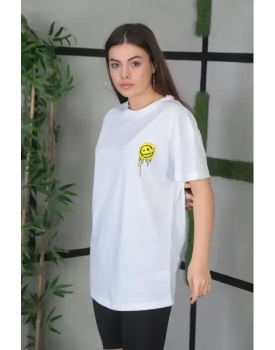 Omarı Bisiklet Desenli Oversize Beyaz T-Shirt