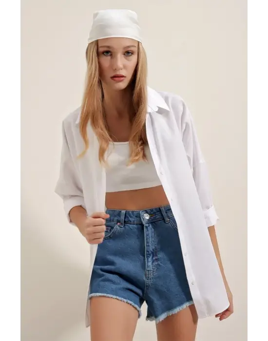 Beyaz Oversize Uzun Basic Gömlek 3900