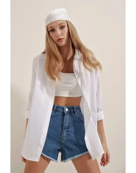 Beyaz Oversize Uzun Basic Gömlek 3900