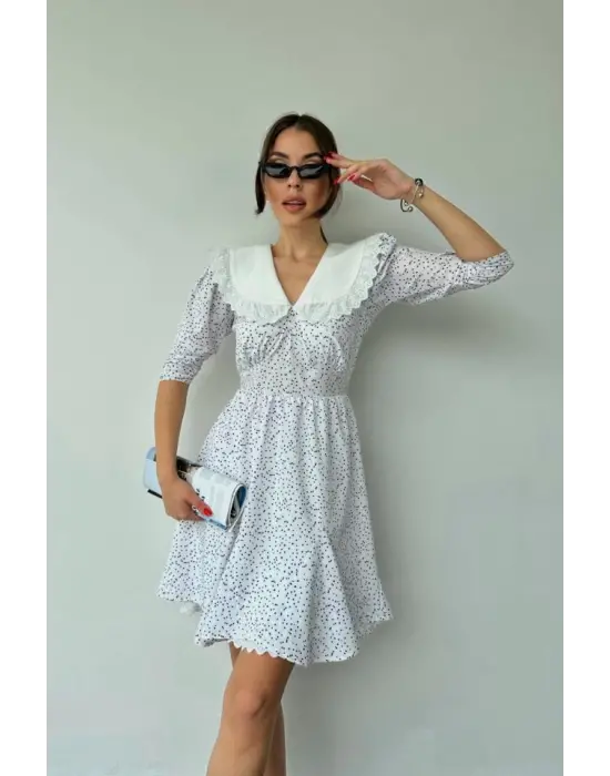 Beyaz Puantiyeli Önlük Yaka Elbise