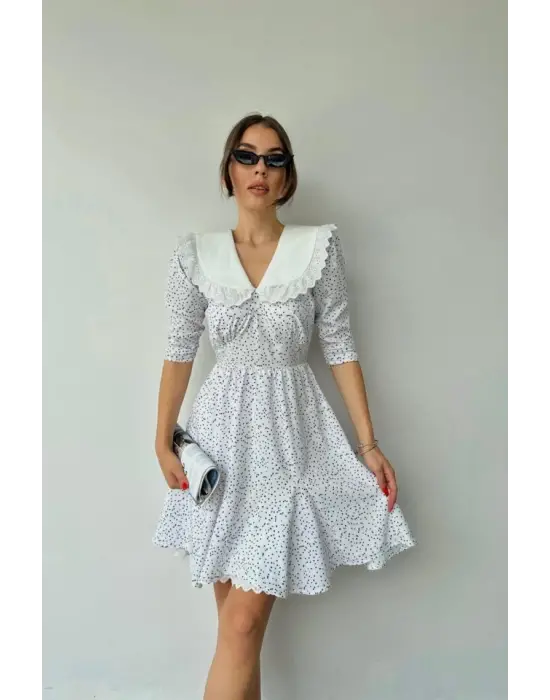 Beyaz Puantiyeli Önlük Yaka Elbise