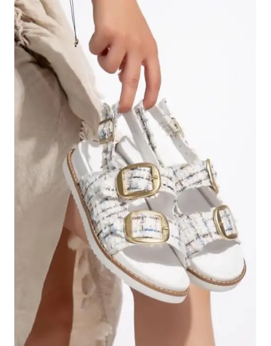 Omarı Beyaz Simli Kemerli Sandalet Modası