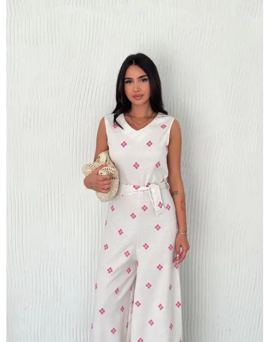 Omarı Beyaz Tulum Sırt Dekolteli Keten Tulum