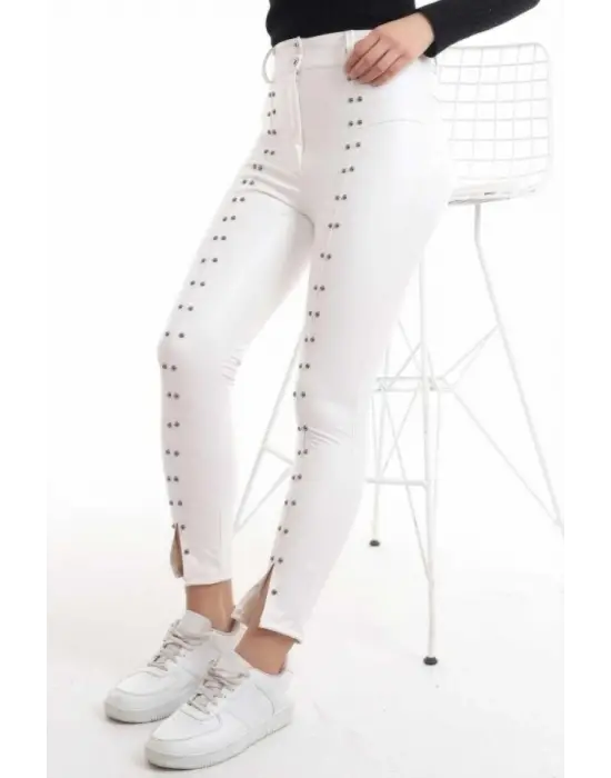 Beyaz Taş İşlemeli Deri Tayt