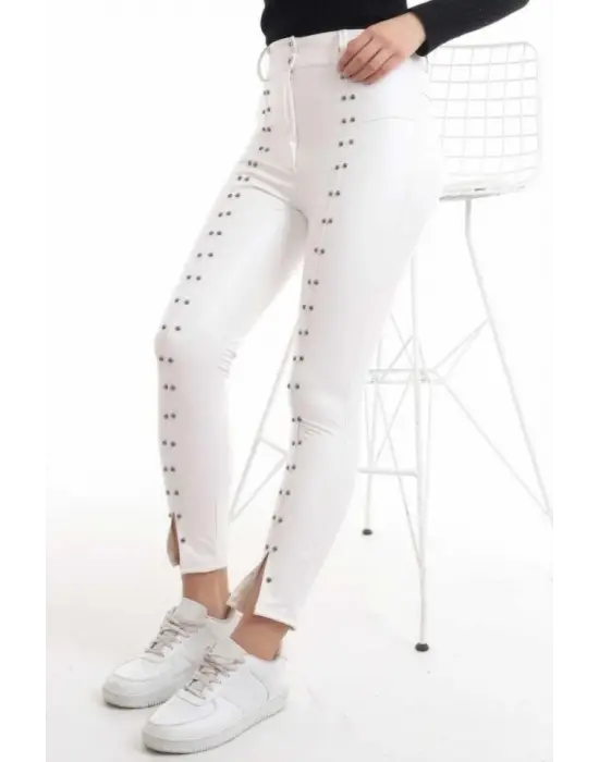 Beyaz Taş İşlemeli Deri Tayt