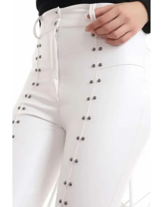 Beyaz Taş İşlemeli Deri Tayt