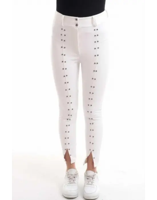 Beyaz Taş İşlemeli Deri Tayt