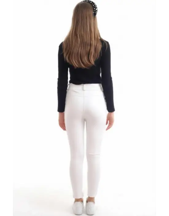 Beyaz Taş İşlemeli Deri Tayt