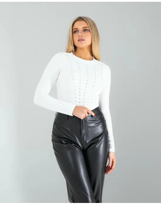 Omarı Beyaz Kristal Detaylı Bayan Body