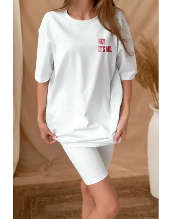 Omarı Yıldız Desenli Oversize T-Shirt - Beyaz