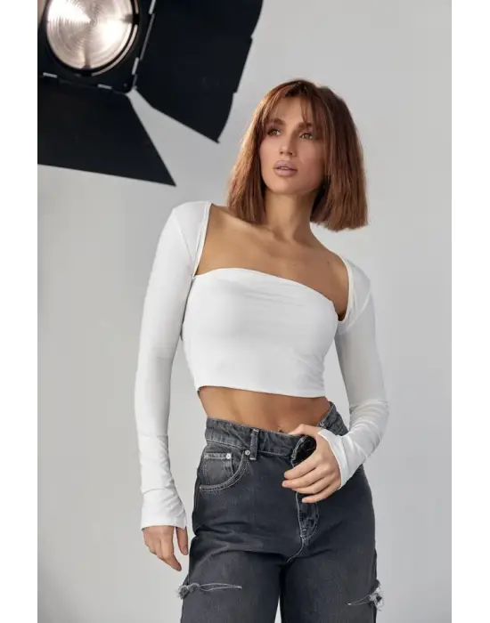 Omarı Feminen Tarzda Uzun Kollu Crop - Beyaz