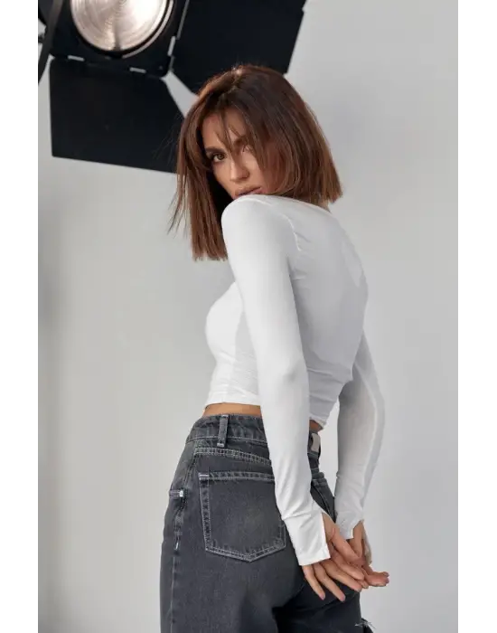 Omarı Feminen Tarzda Uzun Kollu Crop - Beyaz