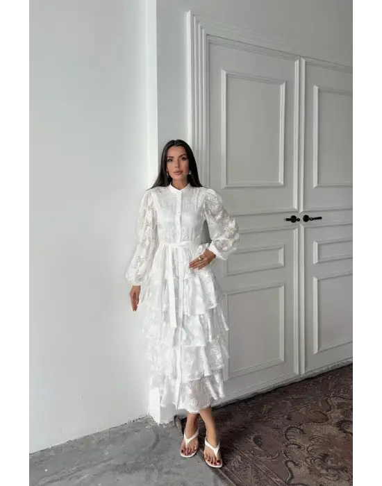 Beyaz Valonlu Şeritli Kat Kat Elbise