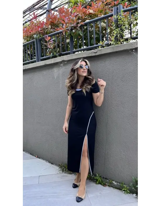 Omarı Beyaz Yırtmaç Detaylı Kadın Elbisesi