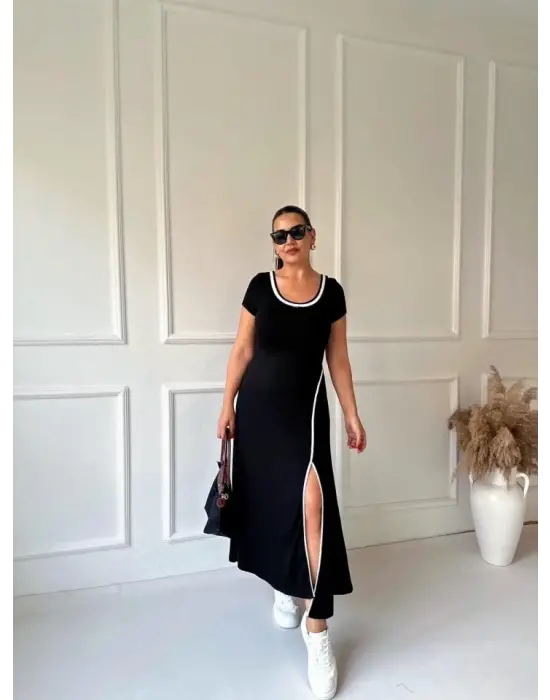 Omarı Etkileyici Beyaz Elbise - Yuvarlak Yaka, Yırtmaç Detayıyla!