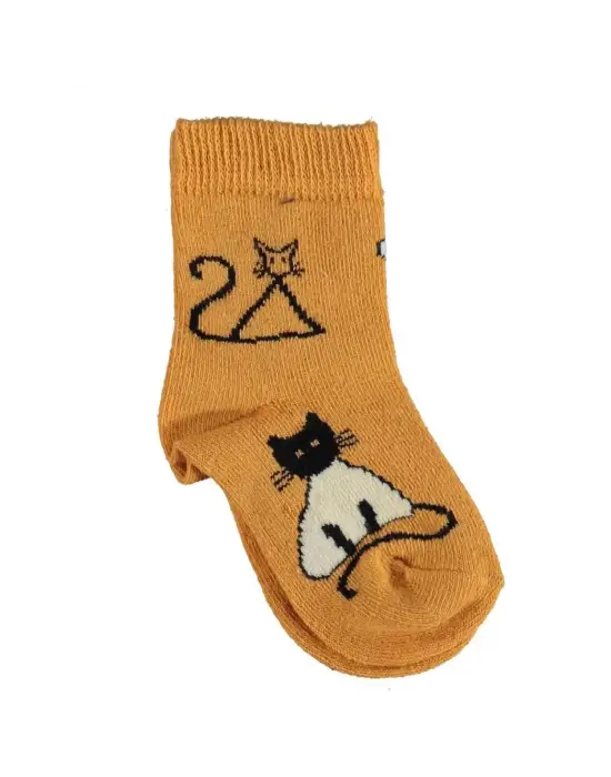 Omarı Organik Kedi Desenli Yüksek Bel Çorap - Hardal