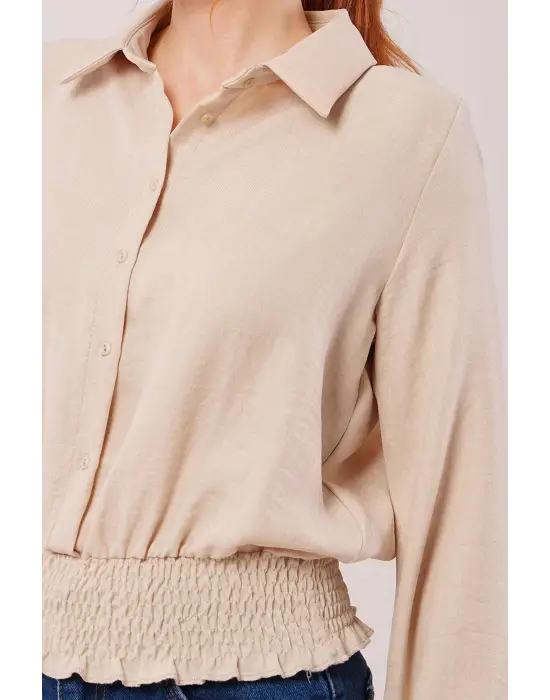 Omarı Şık Bej Renkli Lastikli Bluz