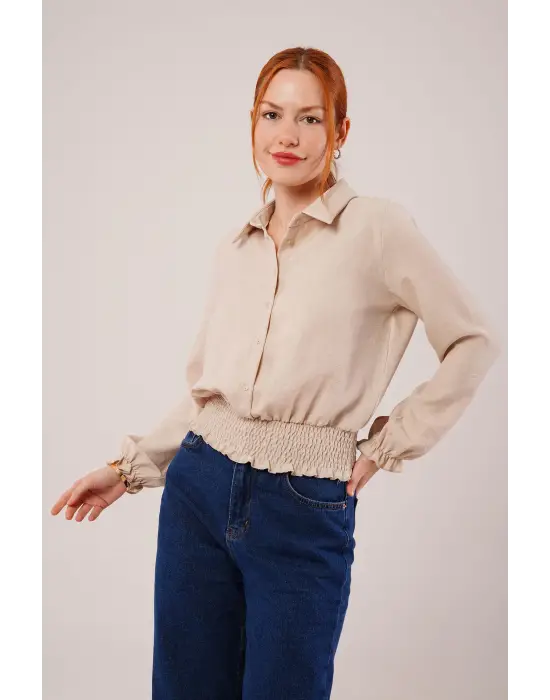 Omarı Şık Bej Renkli Lastikli Bluz