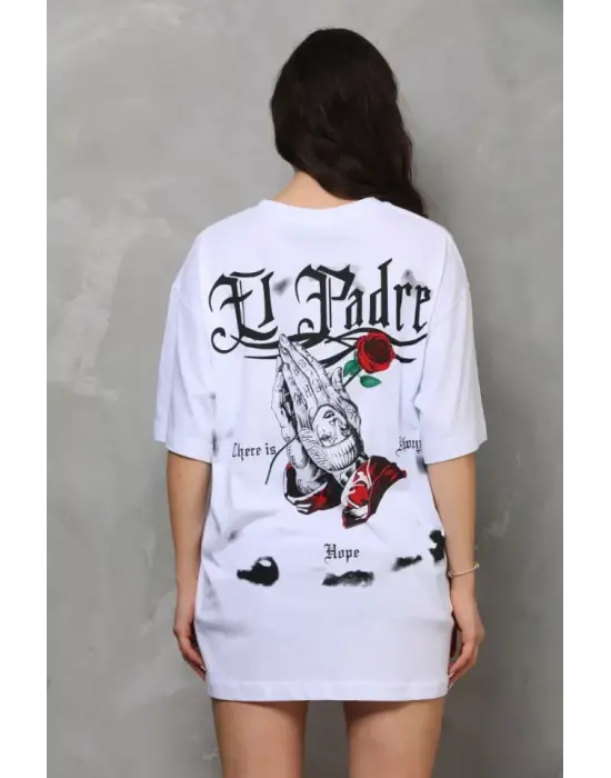 Omarı Bisiklet Desenli Oversize Yaka T-Shirt - Beyaz