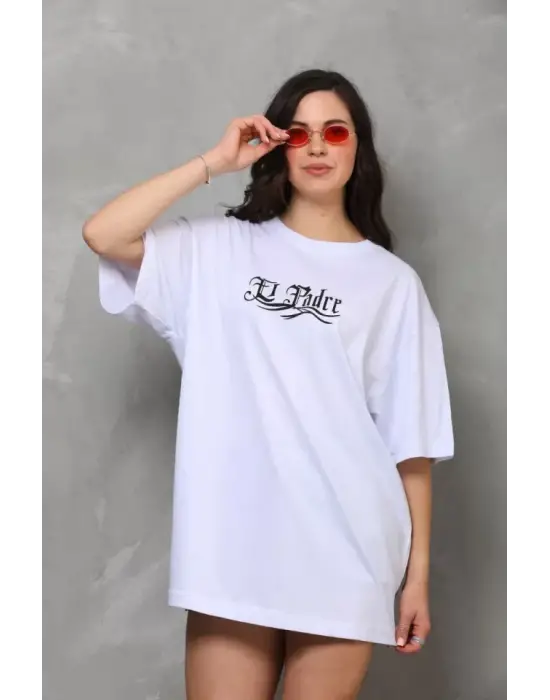 Omarı Bisiklet Desenli Oversize Yaka T-Shirt - Beyaz