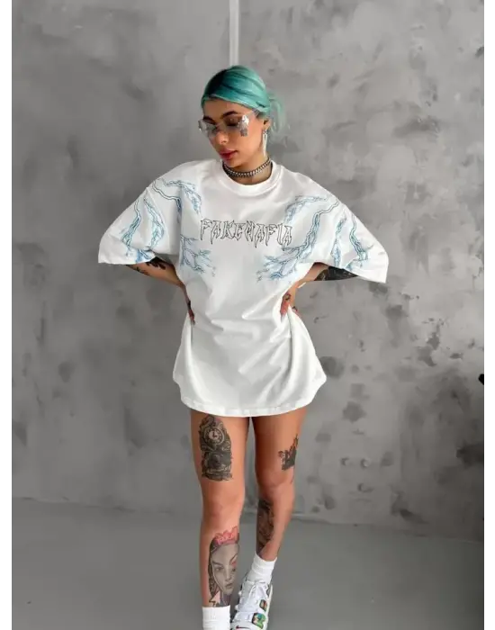 Omarı Trendy Oversize Bisiklet Yaka Baskılı T-Shirt