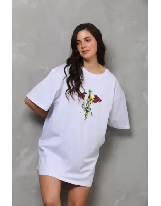 Omarı Bisiklet Desenli Oversize T-Shirt - Beyaz