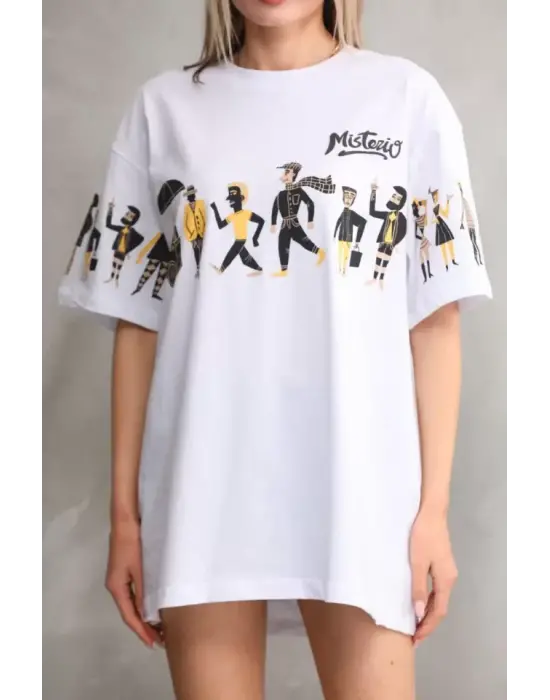 Omarı Unisex Bisiklet Desenli Oversize T-Shirt - Beyaz