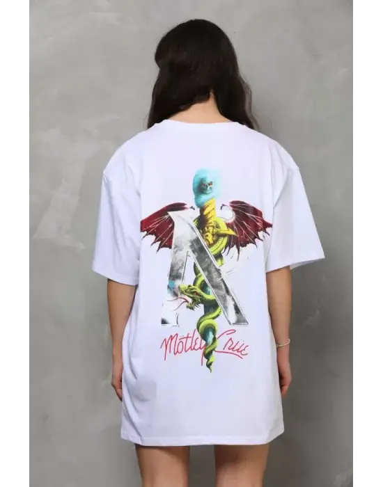 Omarı Bisiklet Desenli Oversize T-Shirt - Beyaz