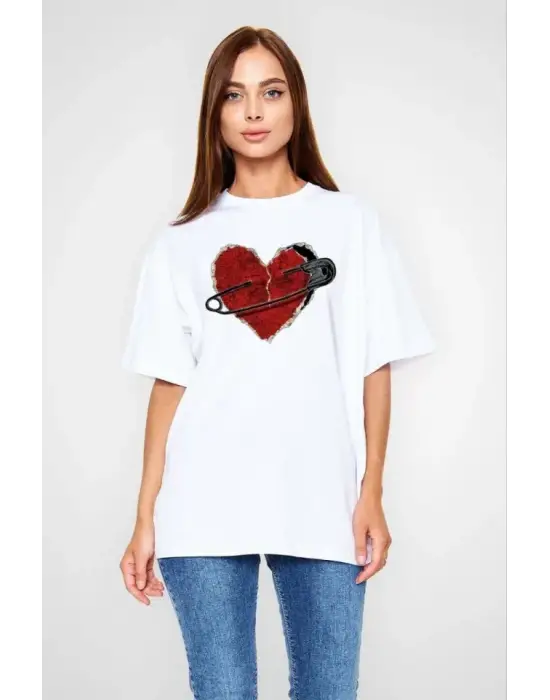 Omarı Bisiklet Yaka Baskılı Oversize T-Shirt - Beyaz