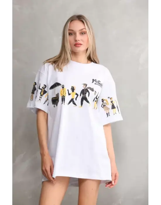 Omarı Unisex Bisiklet Desenli Oversize T-Shirt - Beyaz