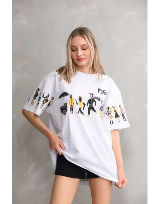 Omarı Unisex Bisiklet Desenli Oversize T-Shirt - Beyaz