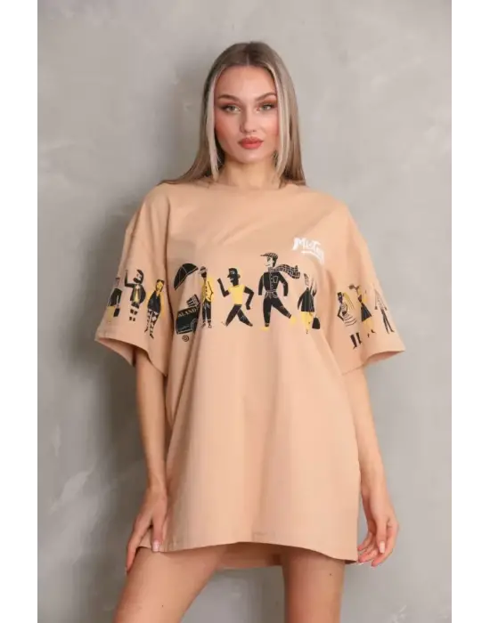 Omarı Bisiklet Desenli Oversize T-Shirt - Bej