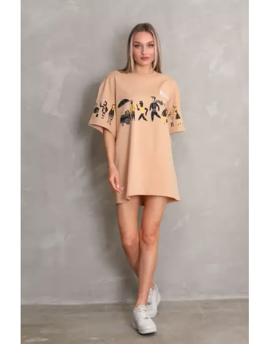 Omarı Bisiklet Desenli Oversize T-Shirt - Bej