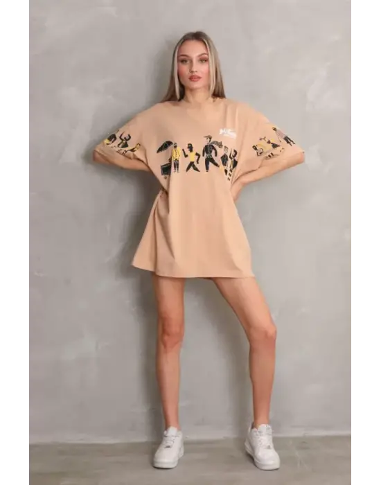 Omarı Bisiklet Desenli Oversize T-Shirt - Bej