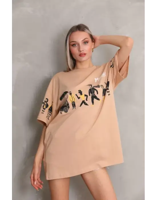 Omarı Bisiklet Desenli Oversize T-Shirt - Bej