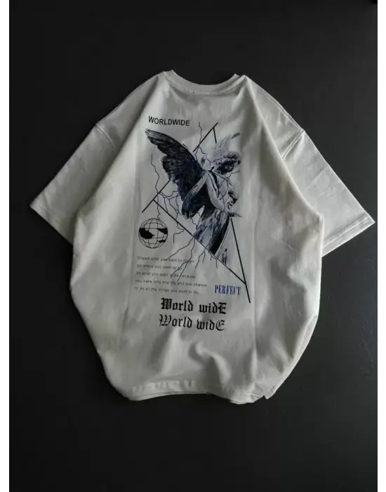 Omarı Hafif ve Rahat Bisiklet Yaka Baskılı T-Shirt - Beyaz