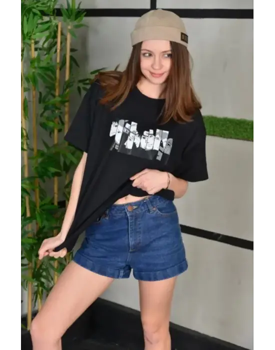 Omarı Bisiklet Desenli Oversize T-Shirt - Siyah