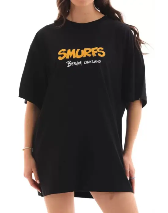 Omarı Siyah Oversize Bisiklet Yaka Baskılı T-Shirt