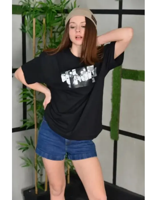 Omarı Bisiklet Desenli Oversize T-Shirt - Siyah