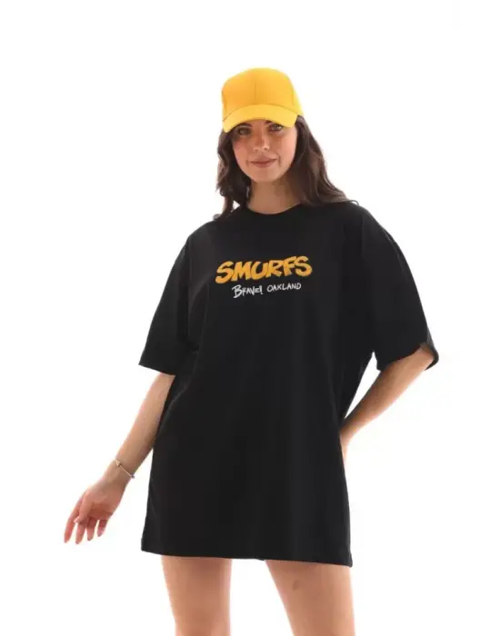 Omarı Siyah Oversize Bisiklet Yaka Baskılı T-Shirt