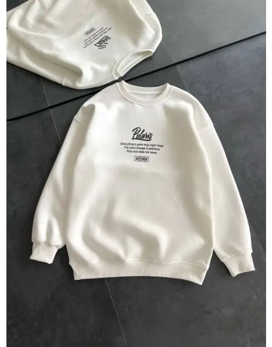 Omarı Bisiklet Yaka Baskılı Beyaz Sweatshirt