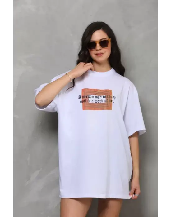 Omarı Bisiklet Desenli Oversize T-Shirt - Beyaz