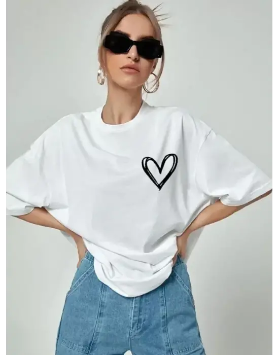 Bisiklet Yaka Baskılı Oversize T-Shirt - Beyaz