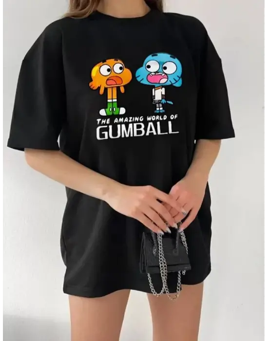Omarı Oversize Siyah Baskılı Bisiklet Yaka T-Shirt