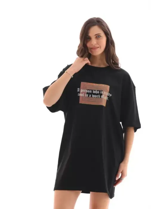 Omarı Baskılı Oversize Unisex Bisiklet Yaka T-Shirt - Siyah