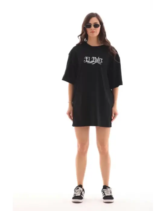 Omarı Baskılı Oversize Unisex Bisiklet Yaka T-Shirt - Siyah