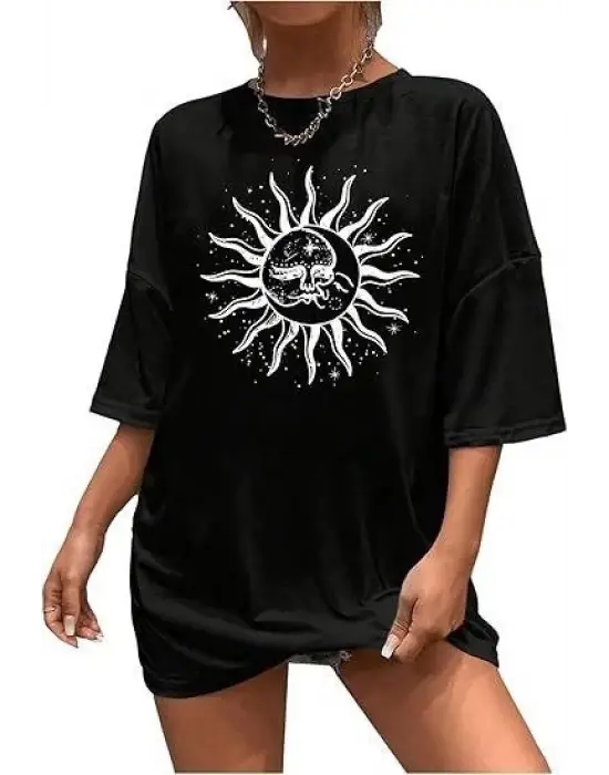 Bisiklet Yaka Baskılı T-shirt - Siyah